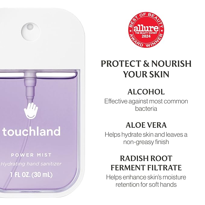 Touchland Power Mist Hydrating Hand Sanitizer Spray, BLOSSOM 5 Set (Lavender, Vanilla, Rainwater, Peach, Applelicious), 1 FL. OZ. Travel Size (Set of 5)