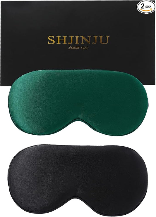 2-Pack 100% Real Natural Silk Eye Mask, Silk Sleeping Mask, Shade Puffy Eye Gift with Adjustable Straps, Sleep Eye Mask, SHJINJU Eye Mask Shade (Black and Dark Green)