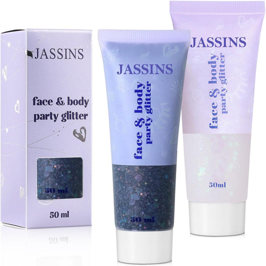 JASSINS 2PCS Body Glitter, 100ml Halloween Face Glitter for Women Girls Kids, Glitter Gel Makeup Tween Gifts, Singer Concerts Festival Rave Accessories, Chunky Mermaid Sequins Glitter (Black+White)