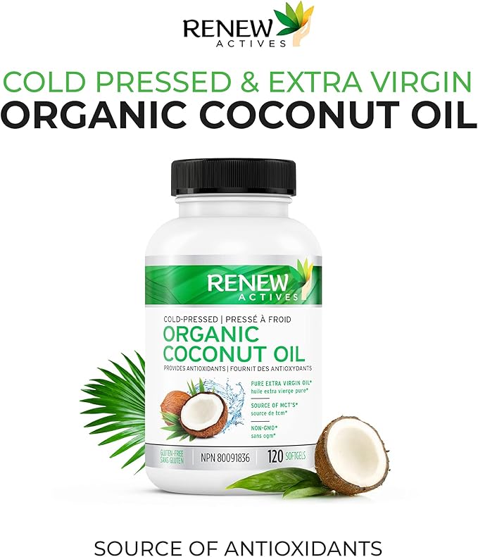 Renew Actives Coconut Oil Supplement 2000MG per 2 Softgels - Premium Source of Antioxidants, Natural Fatty Acids & Metabolism Support for Optimal Health & Energy - Made in Canada - 120 Softgels