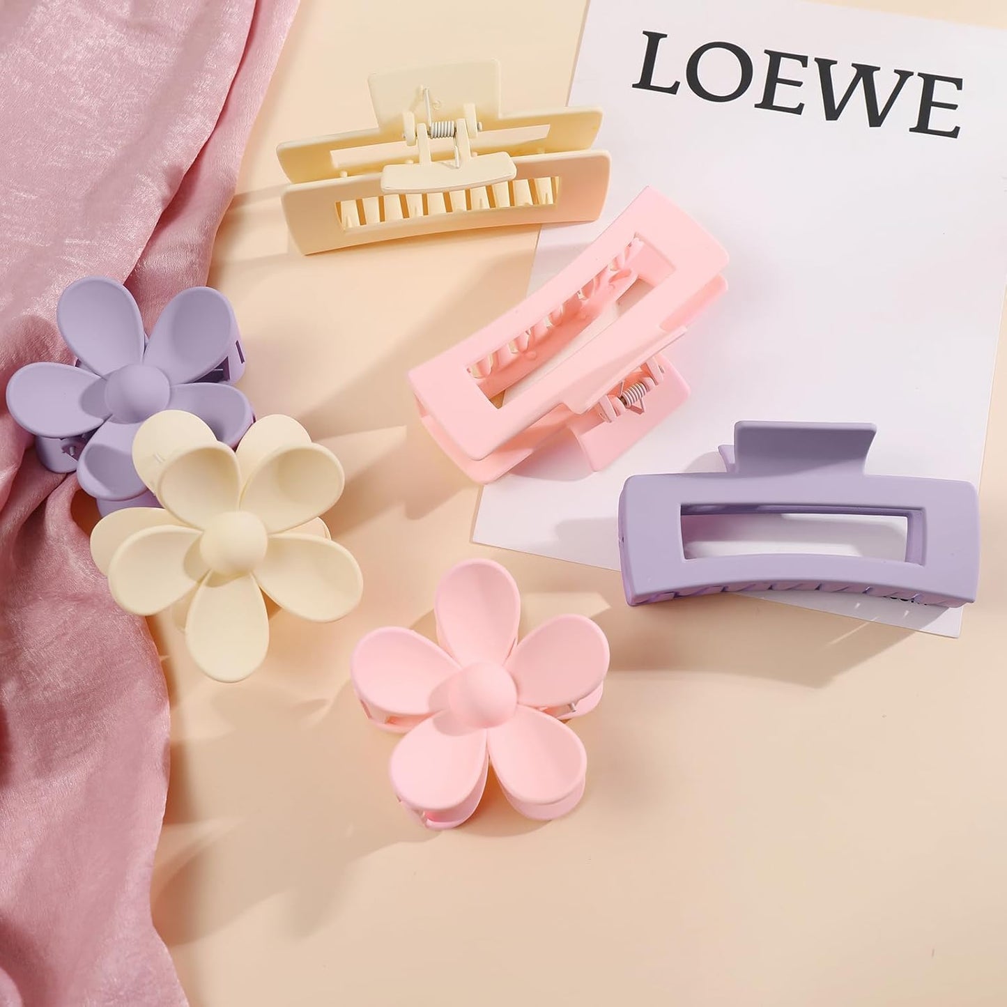 6 Pack Large Claw Clips for Women, Square & Flower Hair Clips for Thick Hair, Matte pink & purple Colors