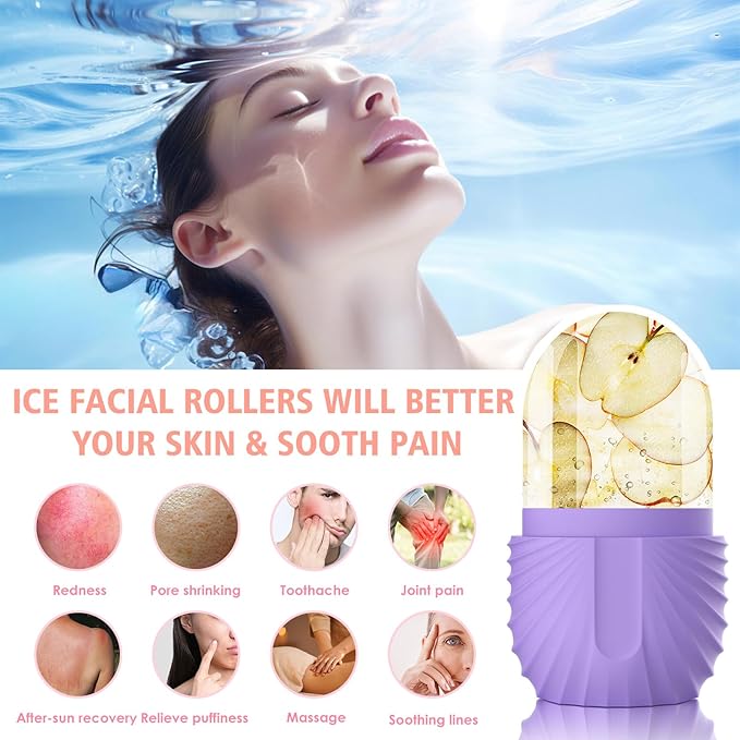Ice Face Roller, Silicone Facial Ice Roller, Reusable Skin Care Massager Tools for Relieve Puffiness, Tighten Skin, Shrink Pores Shell Purple