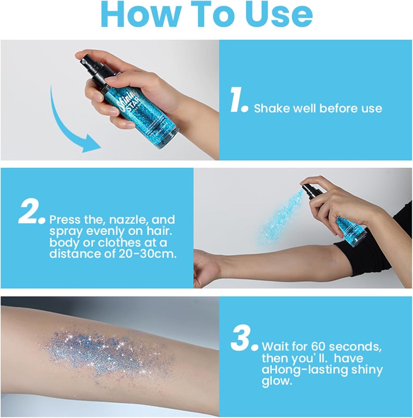 MEICOLY Blue Body Glitter Spray,100ML(3.53OZ),Liquid Glitter Hairspray,Sparkle Hair Spray,Glitter Spray for Hair/Body/Clothes,Body Shimmer for Skin,Lightweight,Long Lasting