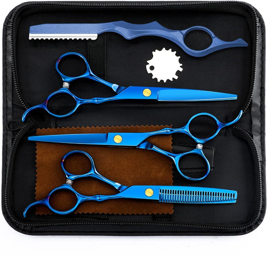 Professional Hair Cutting Scissors Sets Stainless Steel Barber Hairdressing Scissors Multifunctional Salon Thinning Scissors Straight Shears Tools for Men Women Home Use (Blue)