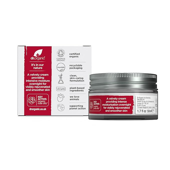 Dr. Organic Rose Otto Night Cream | Rejuvinating for Mature Skin, Aids in Healthy Aging, Promotes Youthful & Toned Skin, Natural, Certified Organic, Vegan, 50 mL / 1.7 fl oz