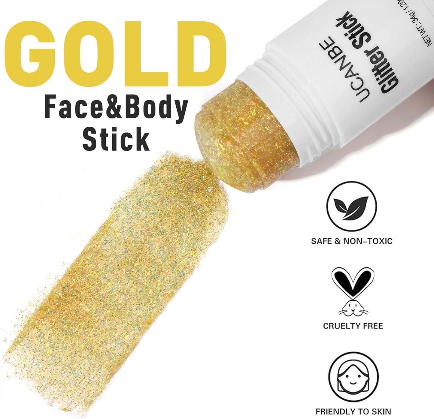 UCANBE Gold Body Glitter Stick for Singer Concerts Music Festivals, Face Glitter Makeup for Face Body Hair Eyes & Lips, Chunky Glitter Sparkling Mermaid Sequins for Women 1.2OZ