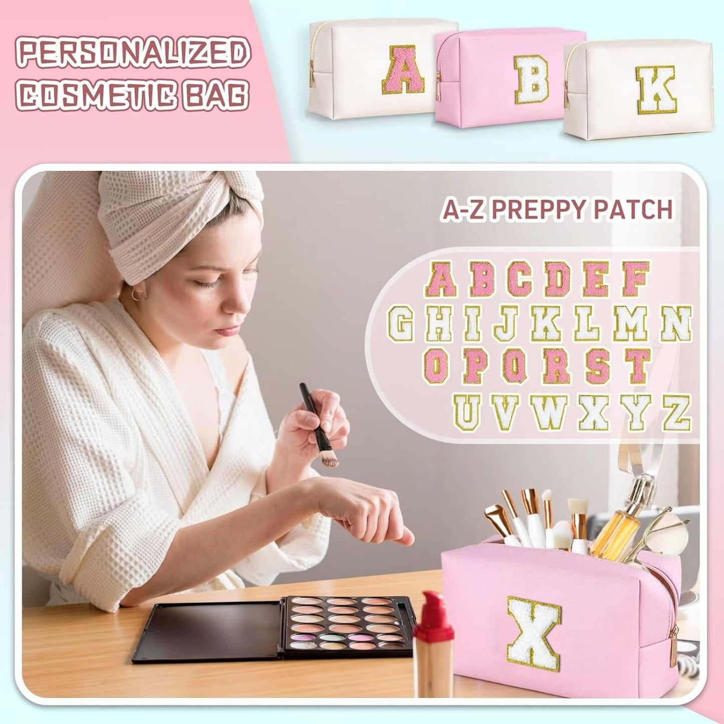 TOPEAST Preppy Patch Makeup Bag, Chenille Letter Pouch Cosmetic Bag, PU Leather Waterproof Toiletry Bag, Personalized Birthday Gift for Women Girl, Cute Stuff for Girls (Pink B)