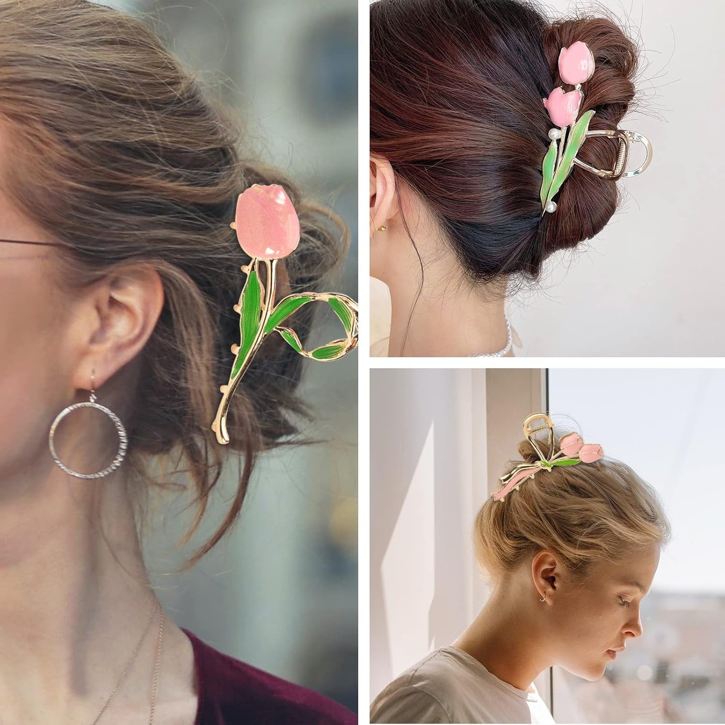3-Piece Floral Metal Hair Clips, 3-Style Tulip Claw Clamps for Thin/Medium Thick Hair, Elegant Barrettes with Strong Hold and Non-Slip Cute Accessories