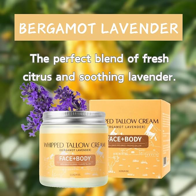Beef Tallow Moisturizer - Tallow Balm Bergamot Lavender - Nourishing Tallow Face Moisturizer - Moisturizing Body Butter for Women - Organic Beef Tallow for Skin - Anti Aging Beef Tallow for Face