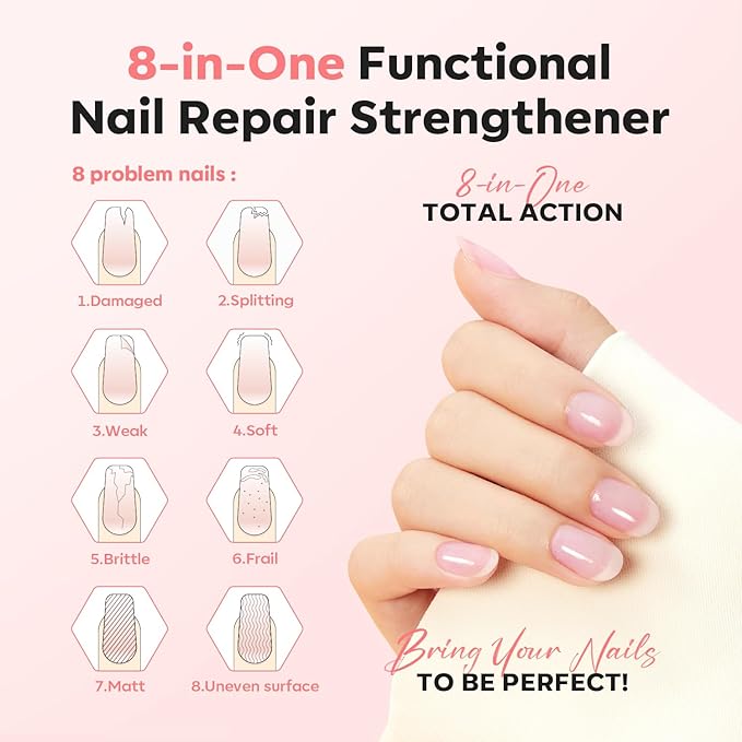 modelones Nail Strengthener, Ridge Filler for Nails, Clear Nail Polish for Thin, Weak & Damaged Nails, Nail Hardener for Nail Protection, Pink Glow, 15ml