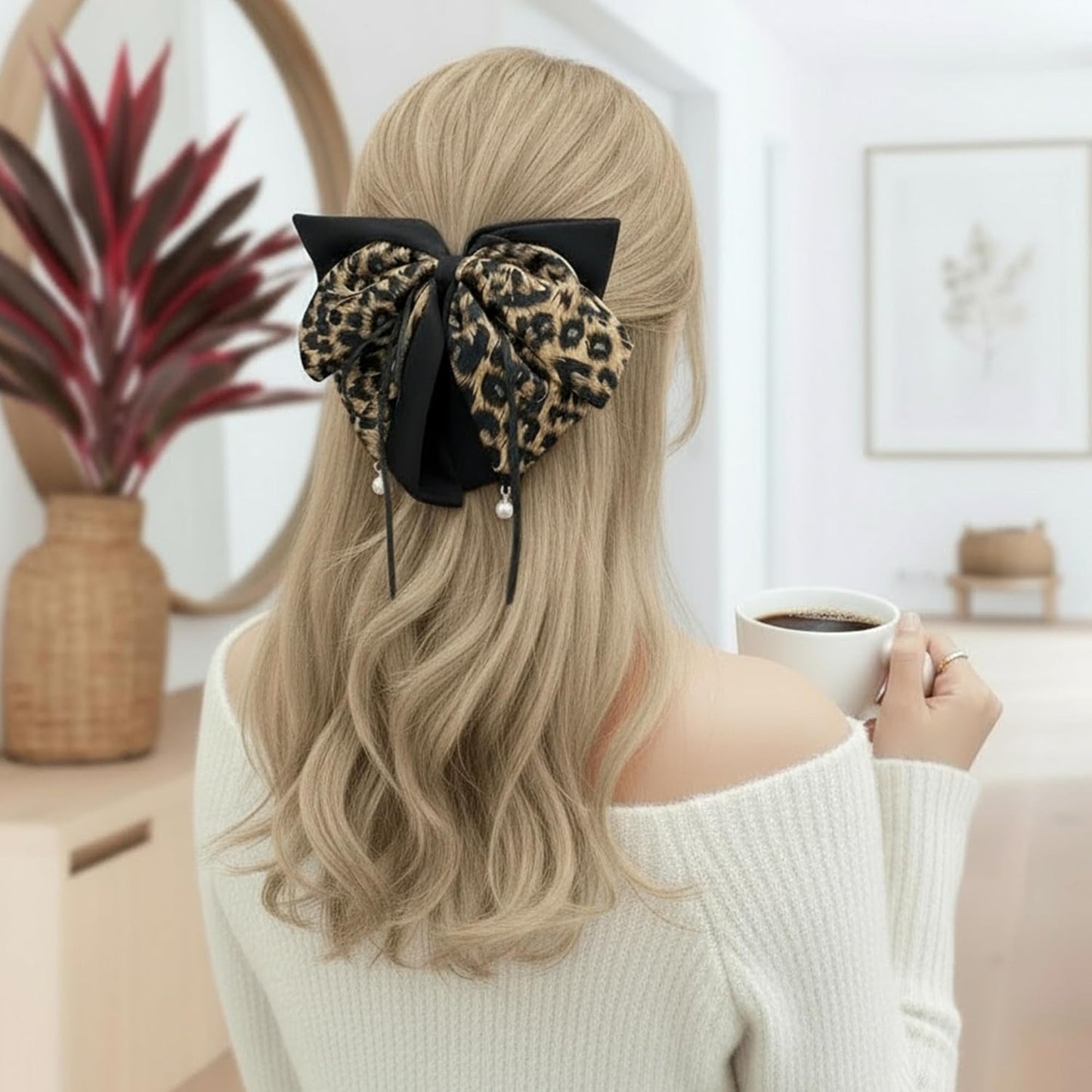 2PCS Leopard Pearl Print Bow Hair Ponytail Claw clip, Non-Slip Hair Grips for Women, Ribbon Bowknot Hair Clips French Style with Long Tail for Women Girls Ponytail Hair Decorations Accessories