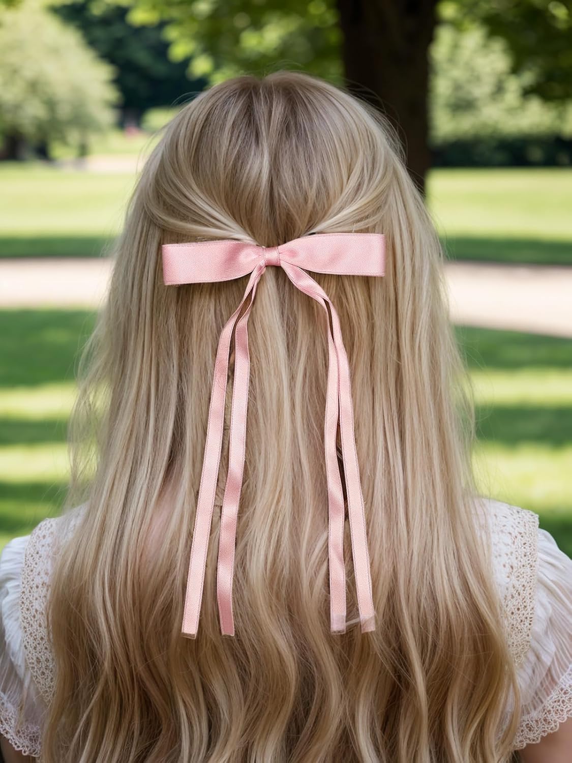 Hair Clips with Tassels and Bowknots - 4pcs Long Barrettes with Ribbon Bows for Women and Girls (Pink, Light Blue)