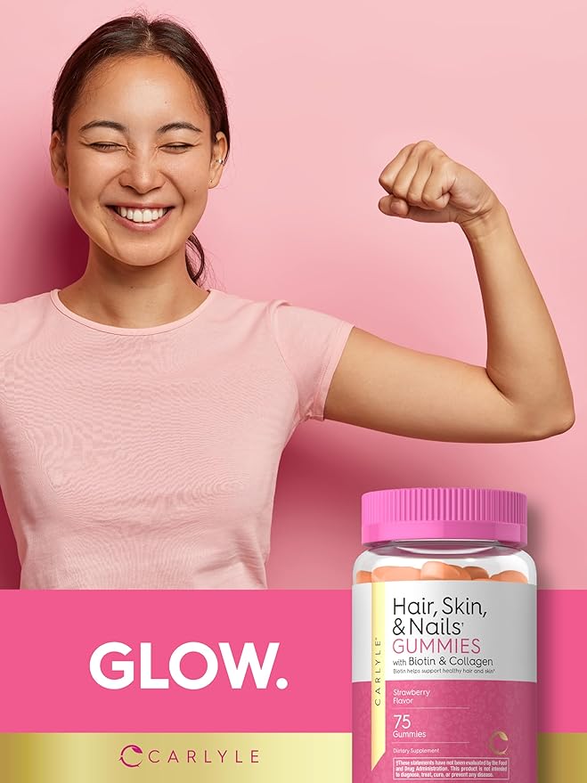 Carlyle Hair Skin and Nails Vitamins | 75 Gummies | with Biotin and Collagen | Gummy Supplement for Women | Strawberry Flavor | Non-GMO, Gluten Free