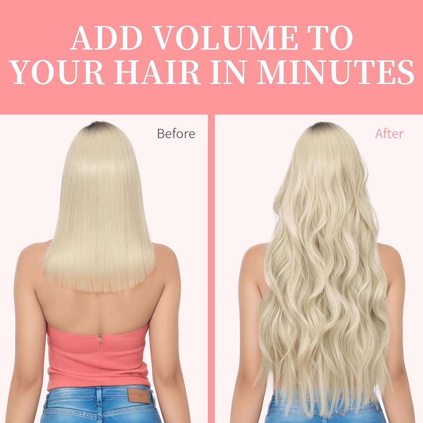 KooKaStyle Clip in Synthetic Hair Extensions Long Wavy 4PCS Thick Hairpieces Platinum Blonde Fiber Double Weft Natural Hair Extensions 24 Inch for Women