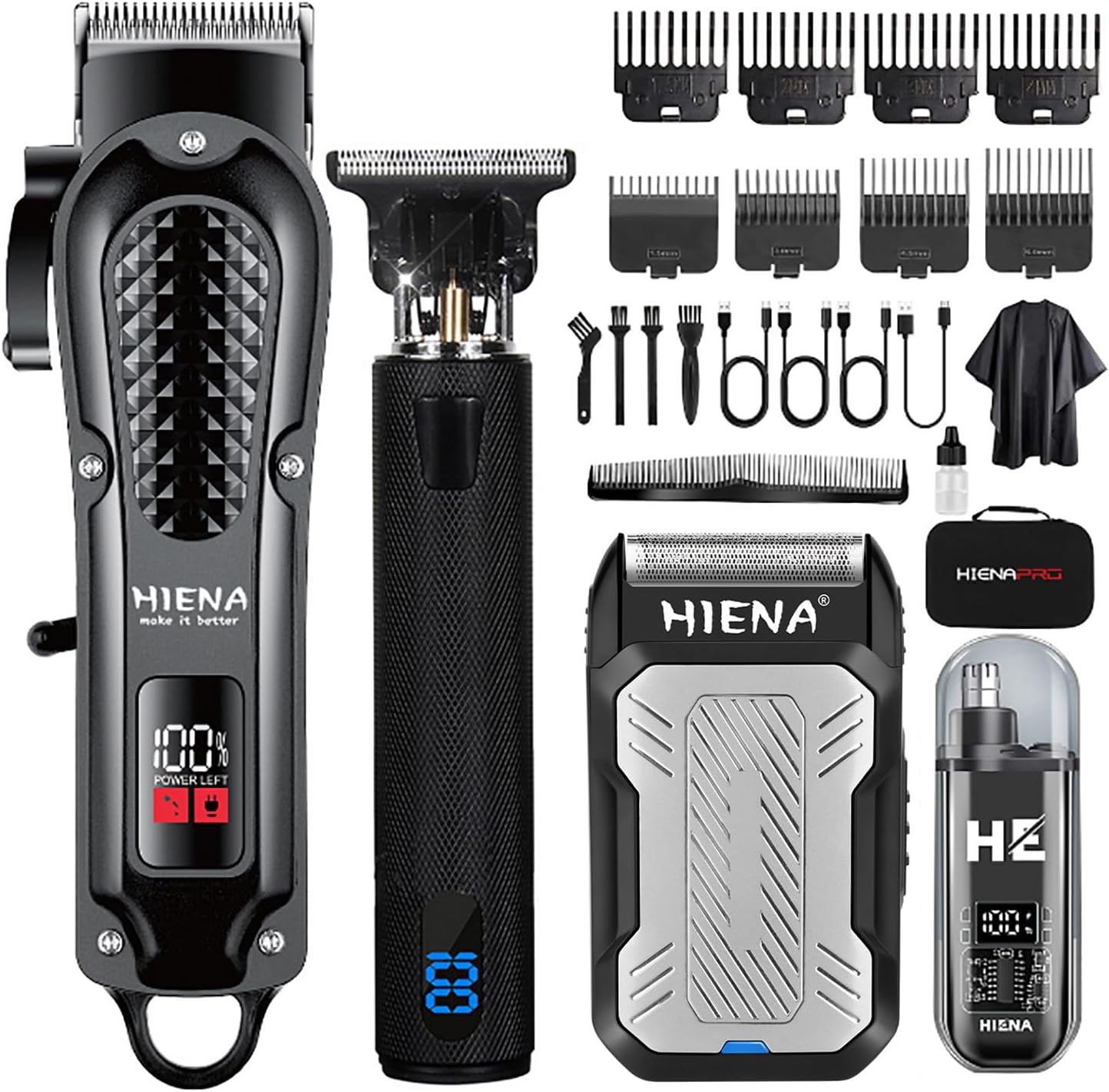 HIENA PRO Professional Cordless Hair Clippers for Men, T-Blade Beard Trimmer & Foil Shaver & Nose Hair Trimmer Set, Barber Clipper Hair Cutting Grooming Kit