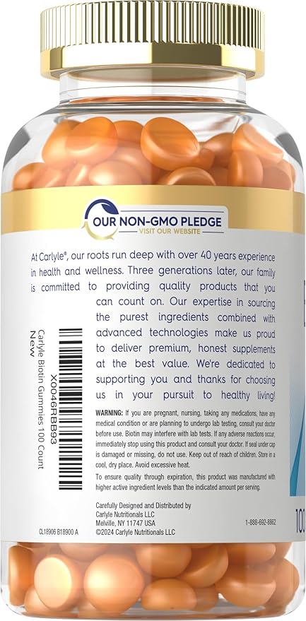 Carlyle Biotin 10000mcg Gummies | 100 Count | Peach Flavor Supplement | Vegan, Non-GMO, Gluten Free