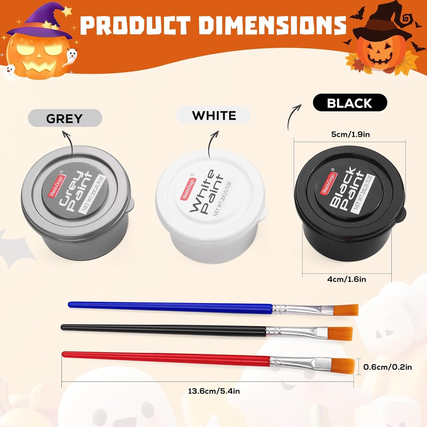 Halloween Makeup Kit, White + Black + Silver Face Painting Kit for Adults 60g(2.1 oz), Body Paint Kit with Brushs for Halloween Makeup, Party, Cosplay, Theater