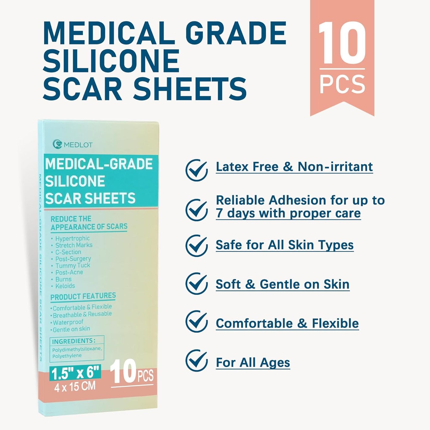Silicone Scar Sheets, 10pcs, Silicone Tape for Scar Treatment, Reusable Scar Strips for Surgical, C-Section, Keloid Bump, Stretch Marks, Burn, Acne Scar Removal, Each 1.5” x 6”