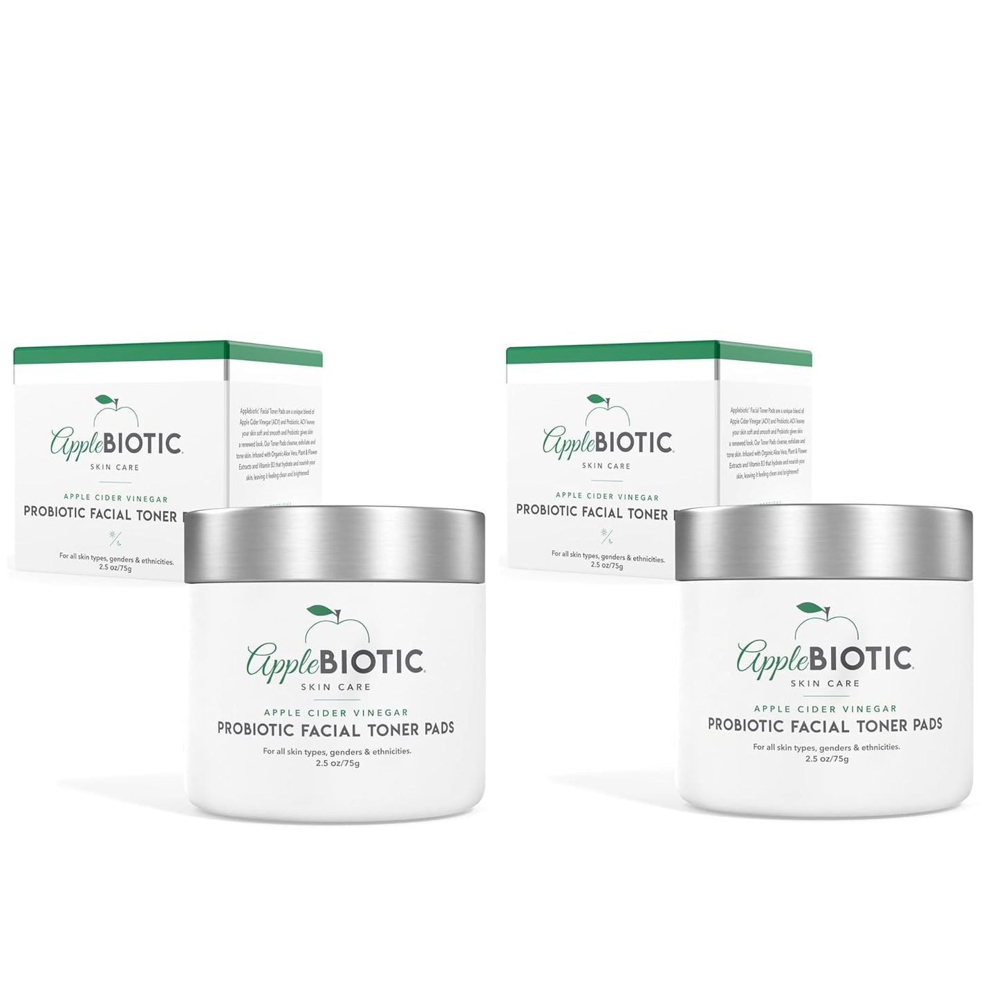 Apple Cider Vinegar Face Toner Pads - Exfoliating & Hydrating Toner for All Skin Types, Probiotic Extract, Aloe, Green Tea - Pack of 2