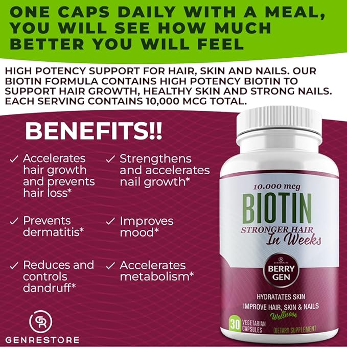 Berry Gen Biotin Supplement 10000 mcg Vegetarian Capsules - Support Hair Health & Growth, Help Heal Skin & Reduce Wrinkles and Moisturize Skin, Hair, and Nails - 30 Count (3)