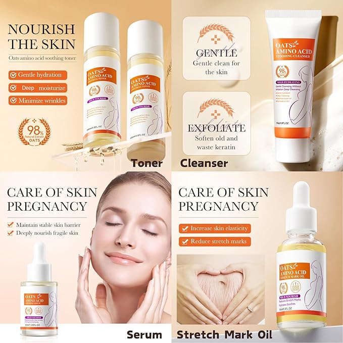 Oats Skincare Set Mom Women Gift - Pregnancy Must Haves - 7PCS Skin Care Set - Anti-Wrinkle New Mom Gifts - Skin Care Products - Skin Care Kit with Toner, Stretch Mark Oil, Serum, Face Mask
