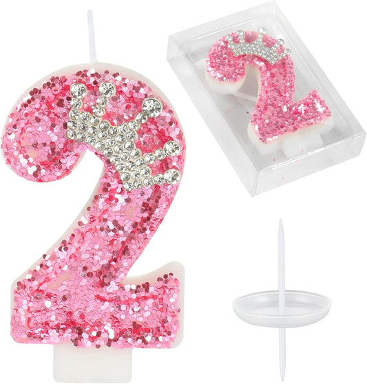 Birthday Number Candles,Pink Crown Birthday Candles for Cake,Glitter Number 2 Candle Cake Topper with Sequins for Girls,Women, Anniversary Celebrations Supplies (Pink 2)