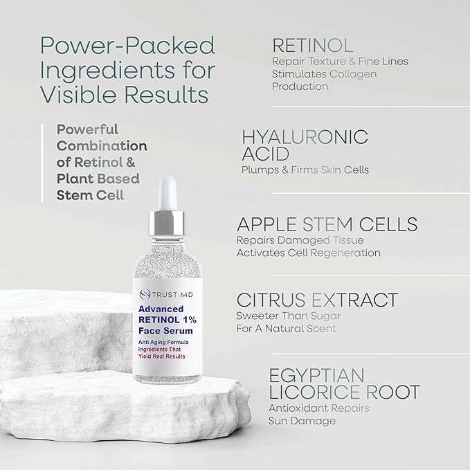 RETINOL 1% FACE SERUM - Anti-Wrinkle Serum, Deep Wrinkle Treatment with Hyaluronic Acid, Apple Stem Cells, and Citrus Extract - Serum for Fine Lines, 1 oz Glass Bottle