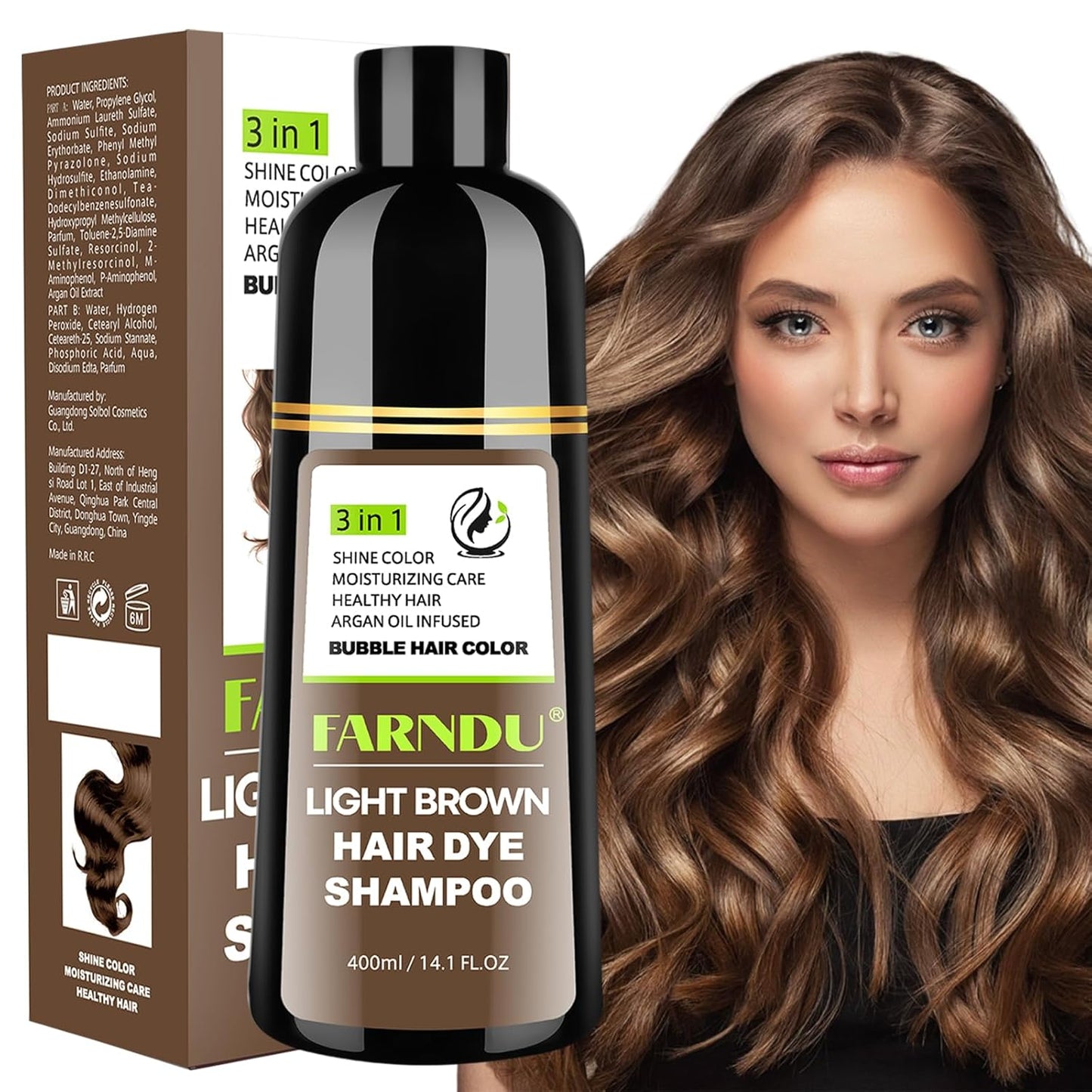 FARNDU Light Brown Hair Dye Shampoo 3 in 1 with Argan Oil – 10-15 Min Gray Coverage, Natural Instant Hair Color Shampoo for Women and Men, Long-Lasting Up to 6 Months