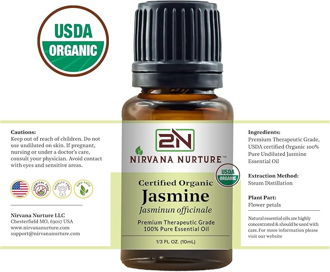 Jasmine Essential Oil USDA Certified Organic 100% Pure Premium Therapeutic Grade, Undiluted - Aromatherapy Diffuser for Calm and Relaxation, Skin Care, Hair Care