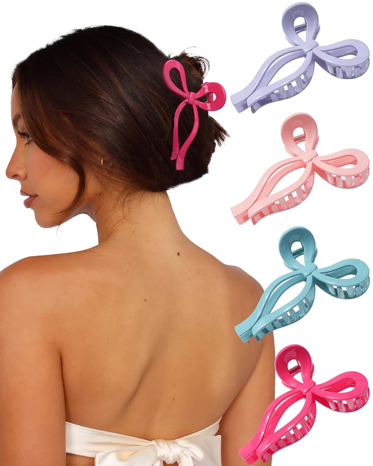 4 PCS Bow Hair Clips Bow Claw Clip for Women Nonslip Large Hair Claw Clips for Thin and Thick Hair Strong Hold Hair Bows (Pink+Watermelon Red+Light Purple+Sky Blue)
