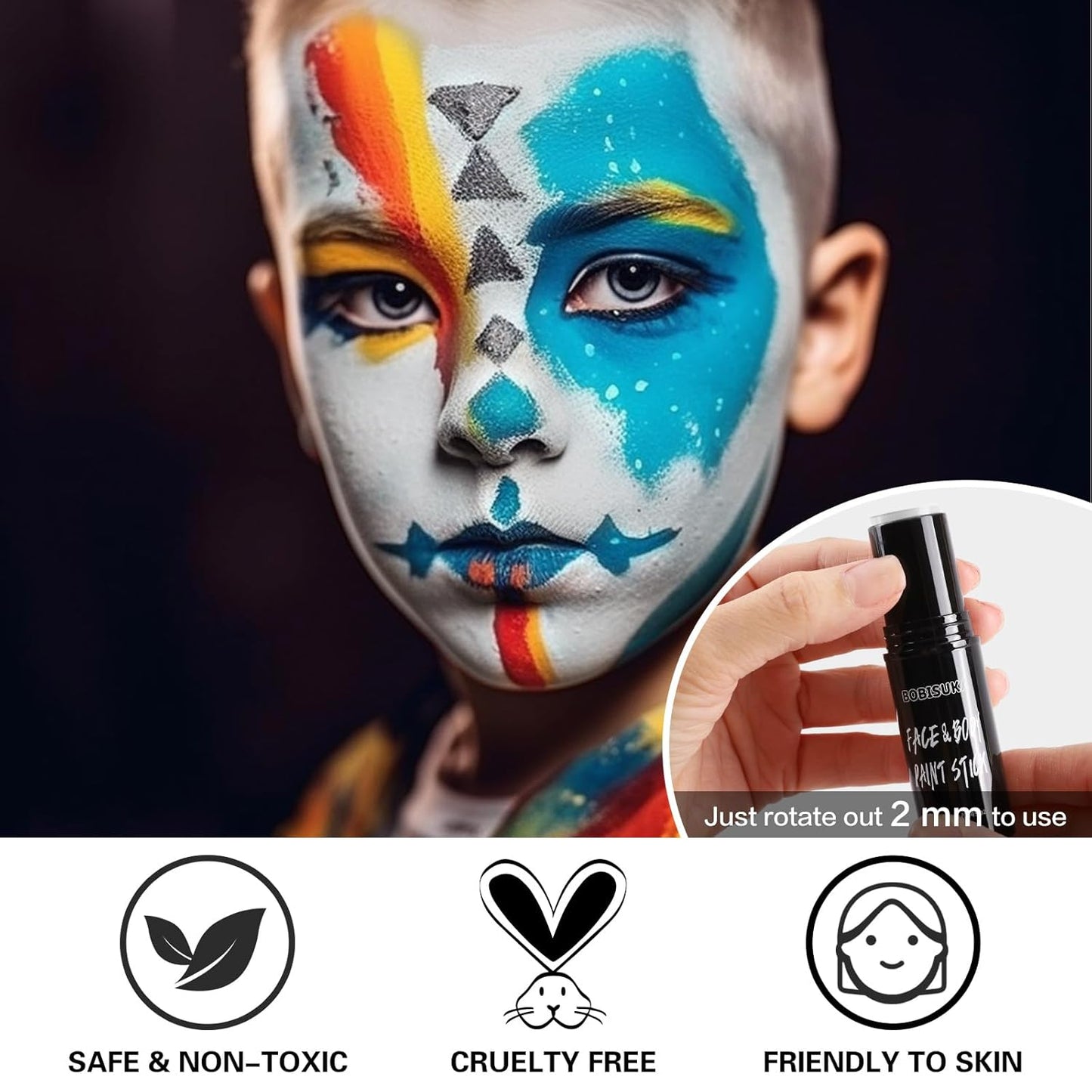 BOBISUKA Alabaster White Face Body Paint Stick White Eye Black Sticks for Sports Water Based Face Painting Kit Quick Drying Foundation Makeup for Halloween Clown Skeleton Joker Cosplay SFX Costume
