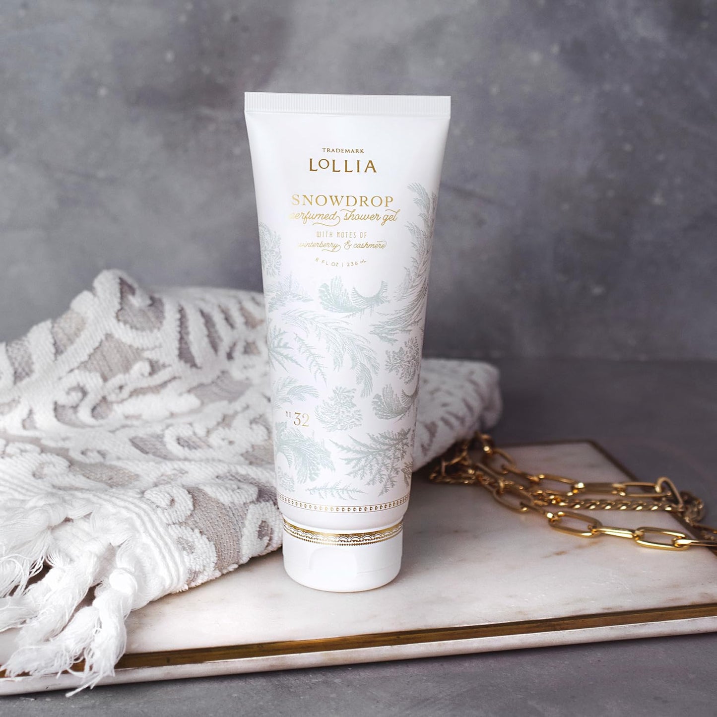 LOLLIA Snowdrop Shower Gel, 8 fl oz, 236 ml, Winterberry & Cashmere Fragrance, Luxury Shea Hydrating Women's Body Wash, Delicate & Relaxing Scented Bath Soap