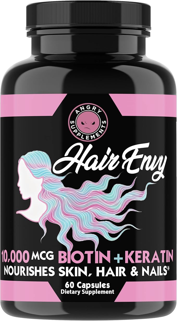 Angry Supplements Hair Envy 10,000 mcg Biotin + Keratin Capsules, Grow Hydrate Hair, Strengthen Thicken Nails, Clear Skin – Natural Remedy for Damaged Thinning Hair, (1-Bottle, 60ct)