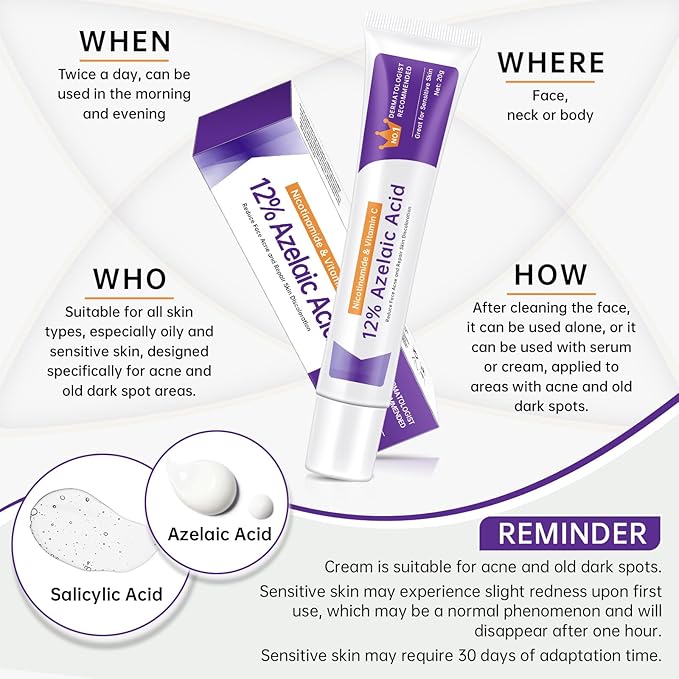Azelaic Acid 12% Cream For Face, Azelaic Acid Acne Cream For Rosacea Treatment, Redness Relief, 2PCS Azelaic Acid Serum With Salicylic Acid & Niacinamide For Dark Spot, Skin Care.