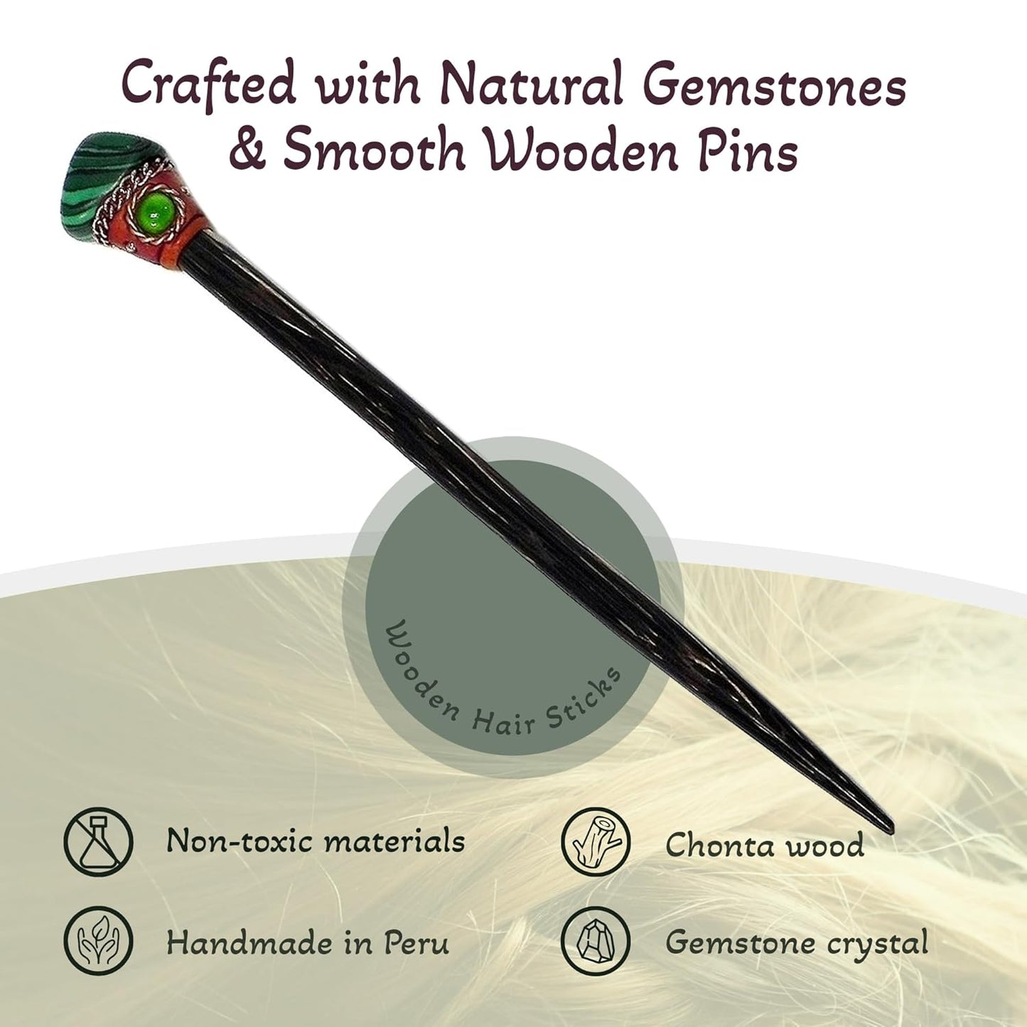 Mia Jewel Shop - Natural Tumbled Healing Gemstone Crystal Chonta Wooden Hair Sticks – Handmade Hair Sticks for Women | Hair Pins Boho Reiki Accessories, Fashion Gifts (Green Malachite)