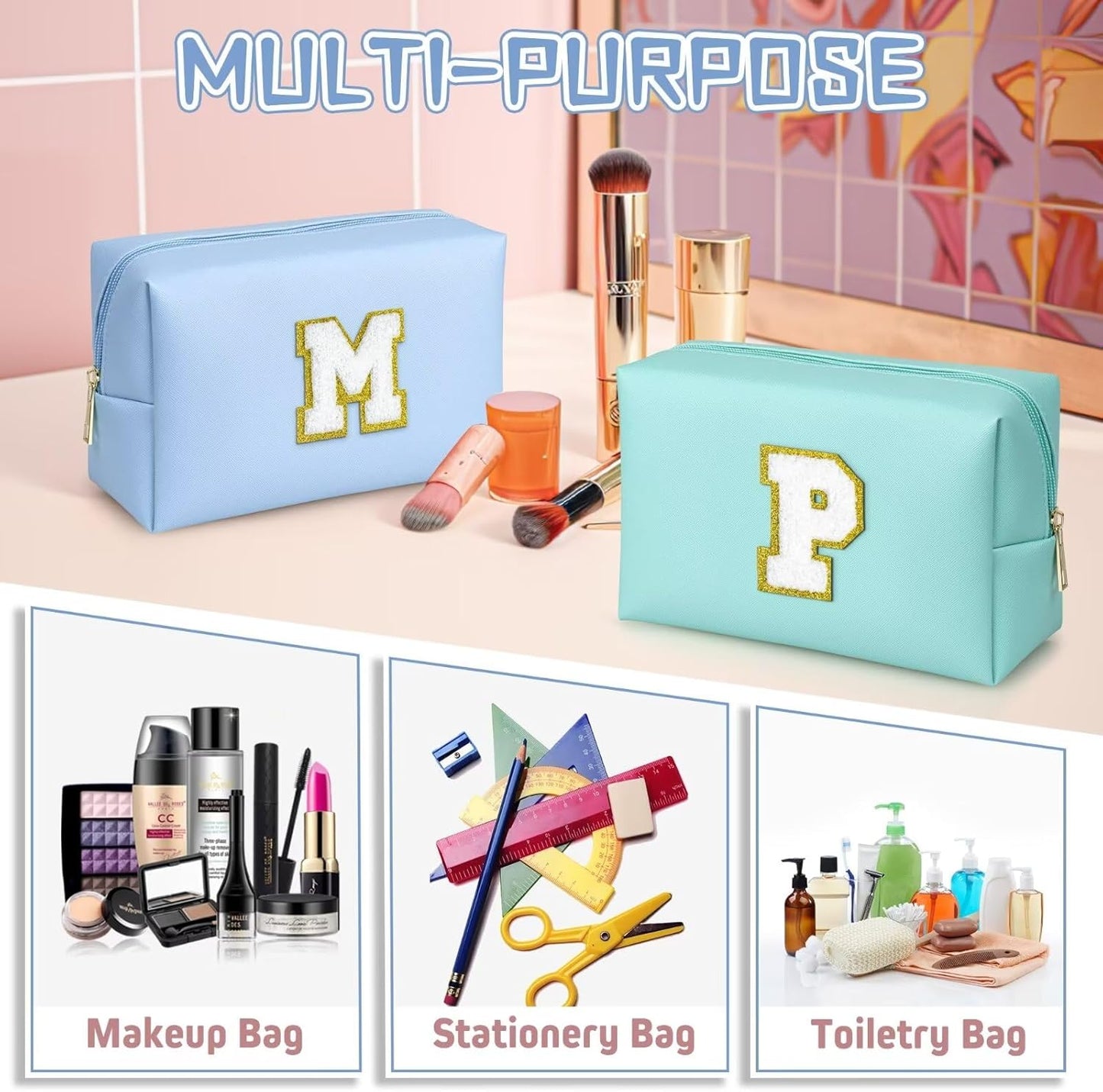 TOPEAST Preppy Makeup Bag, Small Cosmetic Travel Bags for Women, PU Leather Waterproof Toiletry Bag with Zipper, Personalized Birthday Gift for Women Girl, Preppy Gifts for Girl (Sky Blue Z)