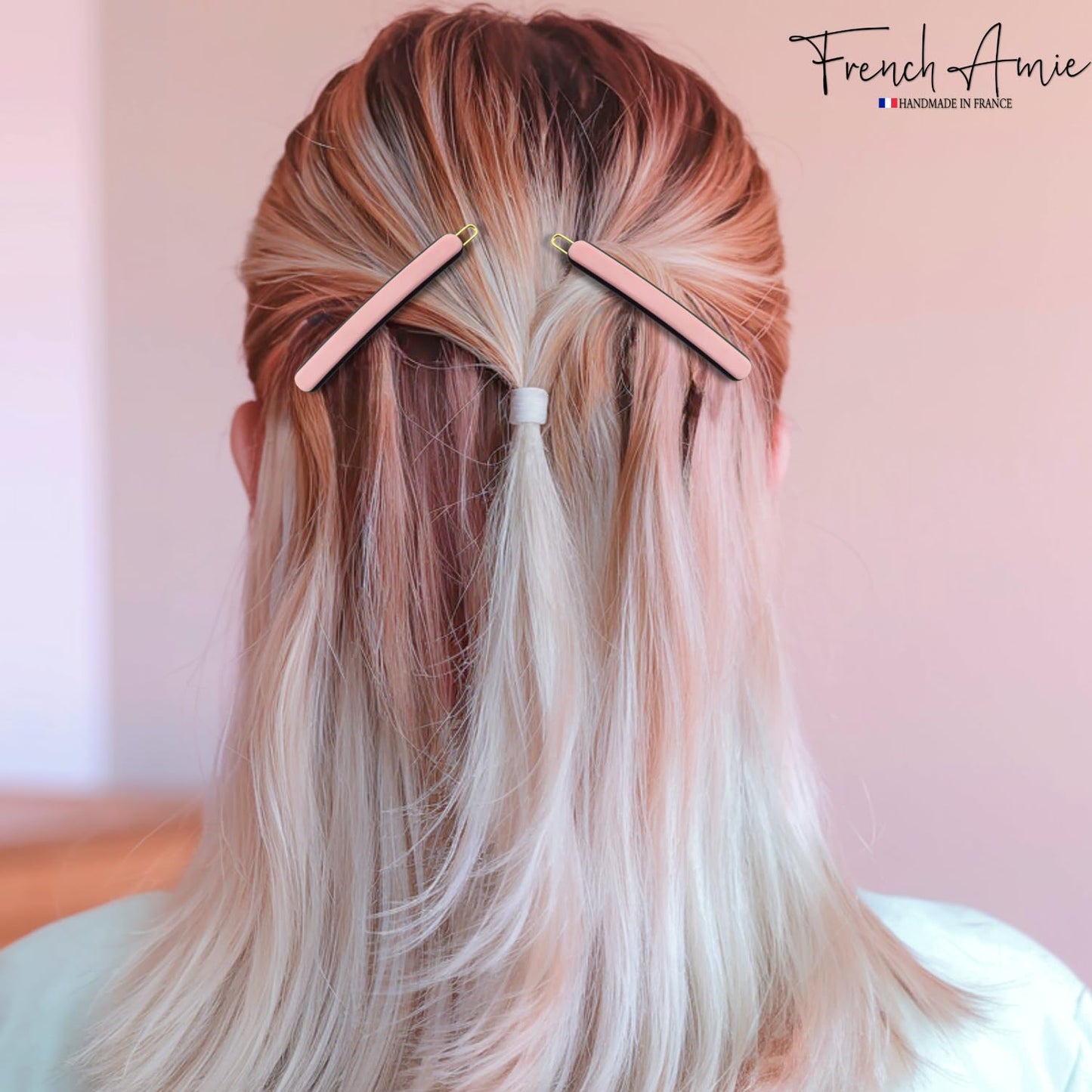 French Amie Rounded Oblong Small 2.5" Cellulose Set of 2 French Hair Clips Tige Boule Handmade Girls Side Slide-in Hair Barrette Clip (Pink)