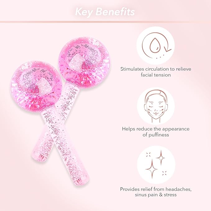 Zoe Ayla Ice Globes, 2 pcs - Face Ice Roller for Relaxing and Reducing Fine Lines - Tightening and Depuffing Skin - Ideal for Tired Eyes - Travel Sized Facial Massager with Cute Sparkles
