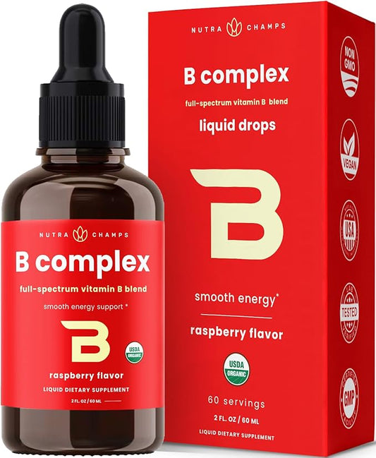 USDA Organic Vitamin B Complex Liquid Drops | B Vitamins Complex Supplement with B1, B2, B3, B6, B7, B9 & Methyl B12 Drops for Adults & Kids | Vegan Berry Flavor 2oz | 60 Servings / 2 Month Supply