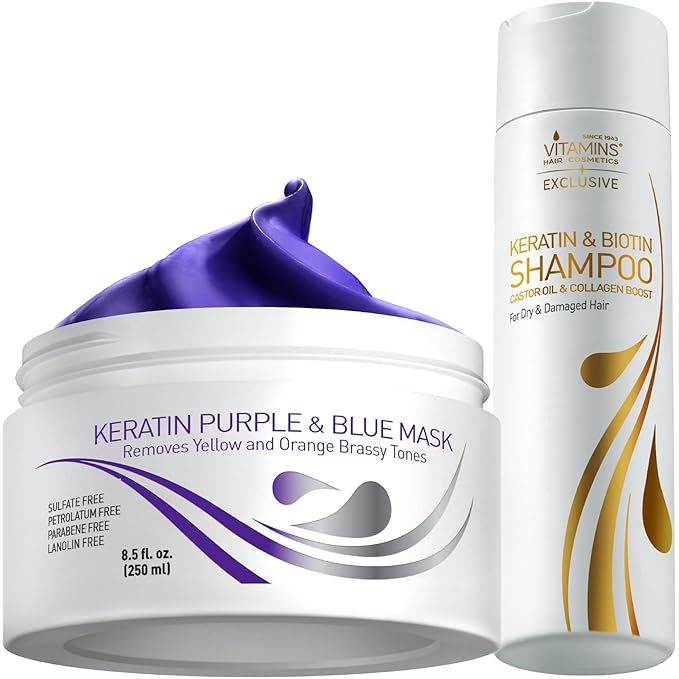 VITAMINS hair cosmetics Keratin Purple Blue Hair Mask & Keratin Shampoo Kit - Conditioning Anti Brassiness Toner for Bleached Blonde Platinum Silver White Grey Dry Damaged Hair & Nourishing Shampoo