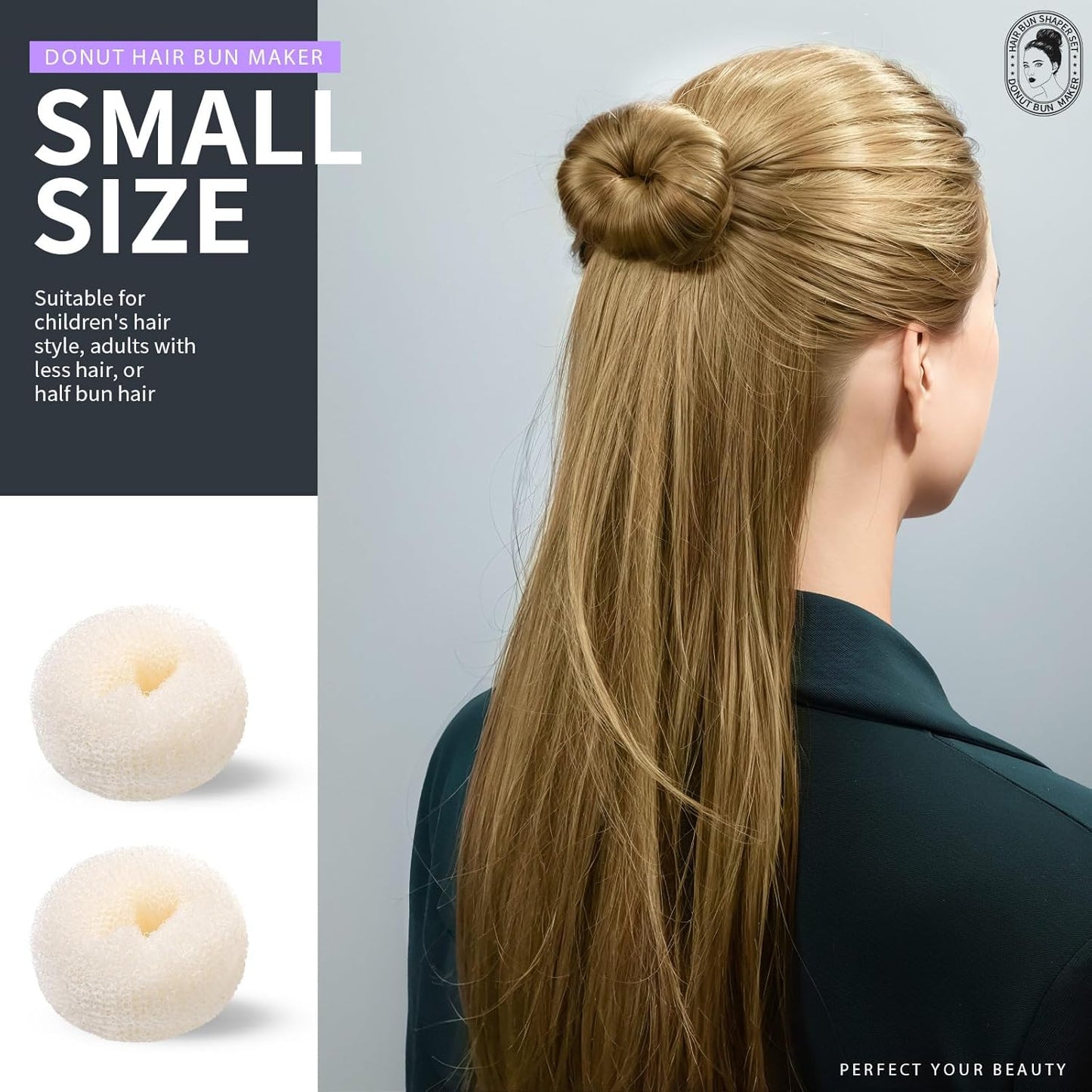 Teenitor Hair Bun Maker Set - 7 Hair Donut for Buns (1 Extra-Large, 2 Large, 2 Medium, 2 Small), 5 Elastic Bands, 20 Hair Pins, Cream White Color