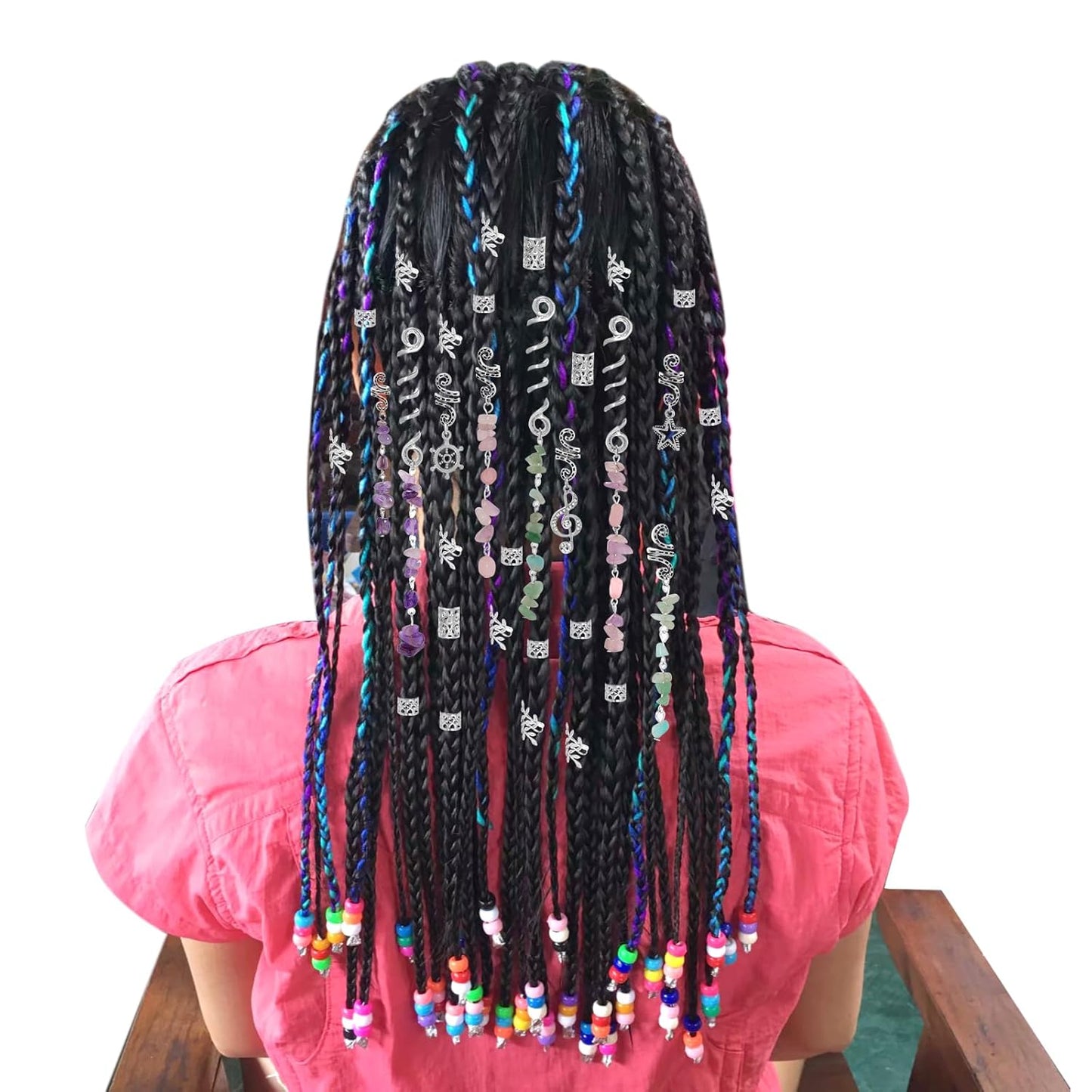 40Pcs Natural Colored Crystal Stone Hair Accessories, hoyuwak Metal Hair Charms, Silver Loc Dreadlock Spirals, Cuffs & Rings for Women's Hairstyles