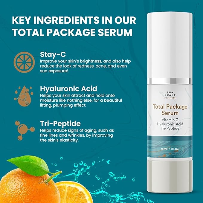 Sun Coast Sciences - Total Package Serum, All-In-One Vitamin C, Hyaluronic Acid, Peptides Serum For Face, Anti-Aging Facial Super Serum for Wrinkles, Age Spots - 1 fl oz (6)