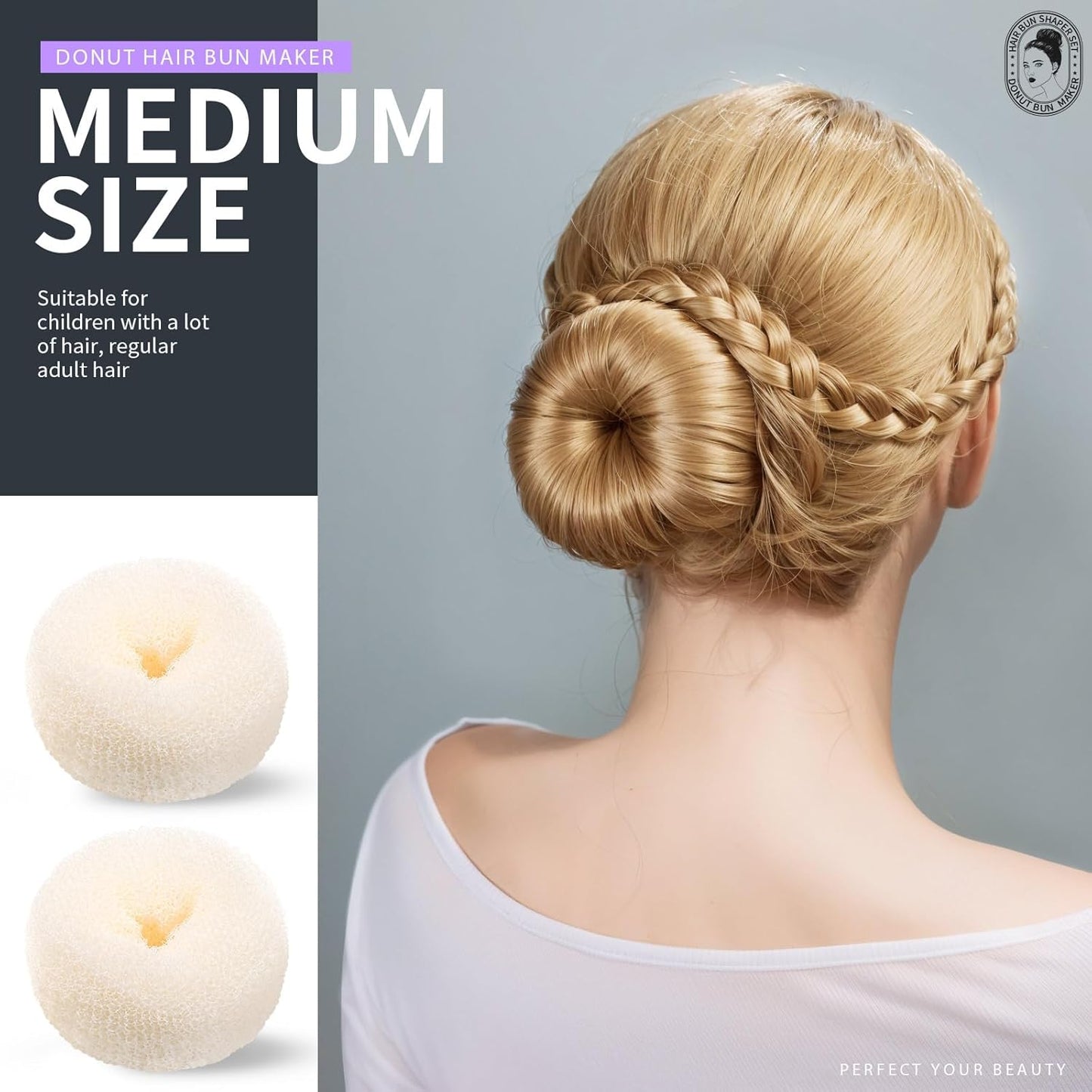Teenitor Hair Bun Maker Set - 7 Hair Donut for Buns (1 Extra-Large, 2 Large, 2 Medium, 2 Small), 5 Elastic Bands, 20 Hair Pins, Cream White Color
