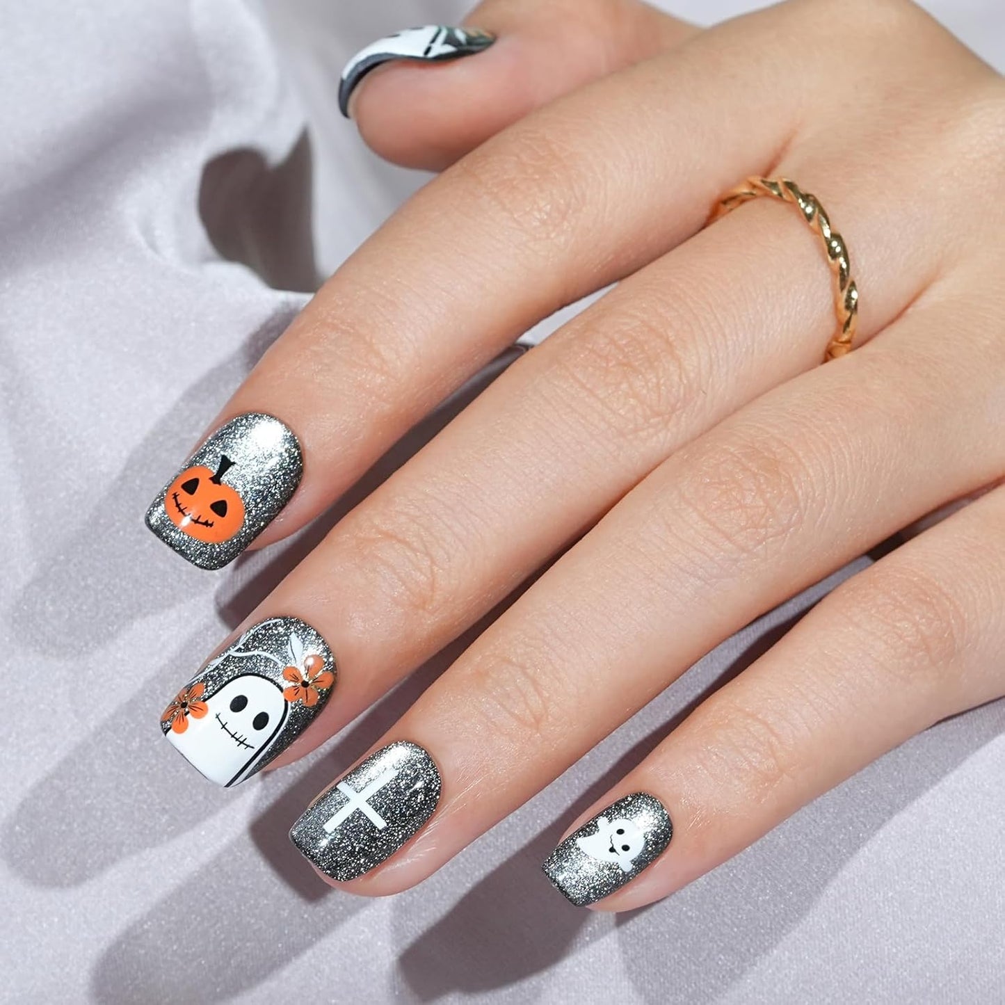 Halloween Press On Nails - Pumpkin Nail Gray Cat Eye Halloween Nails, Acrylic Short Square Nails Press On with Nail Glue, Fit Perfectly & Natural Stick On Nails in 16 Sizes - 32PCS Soft Gel Kit