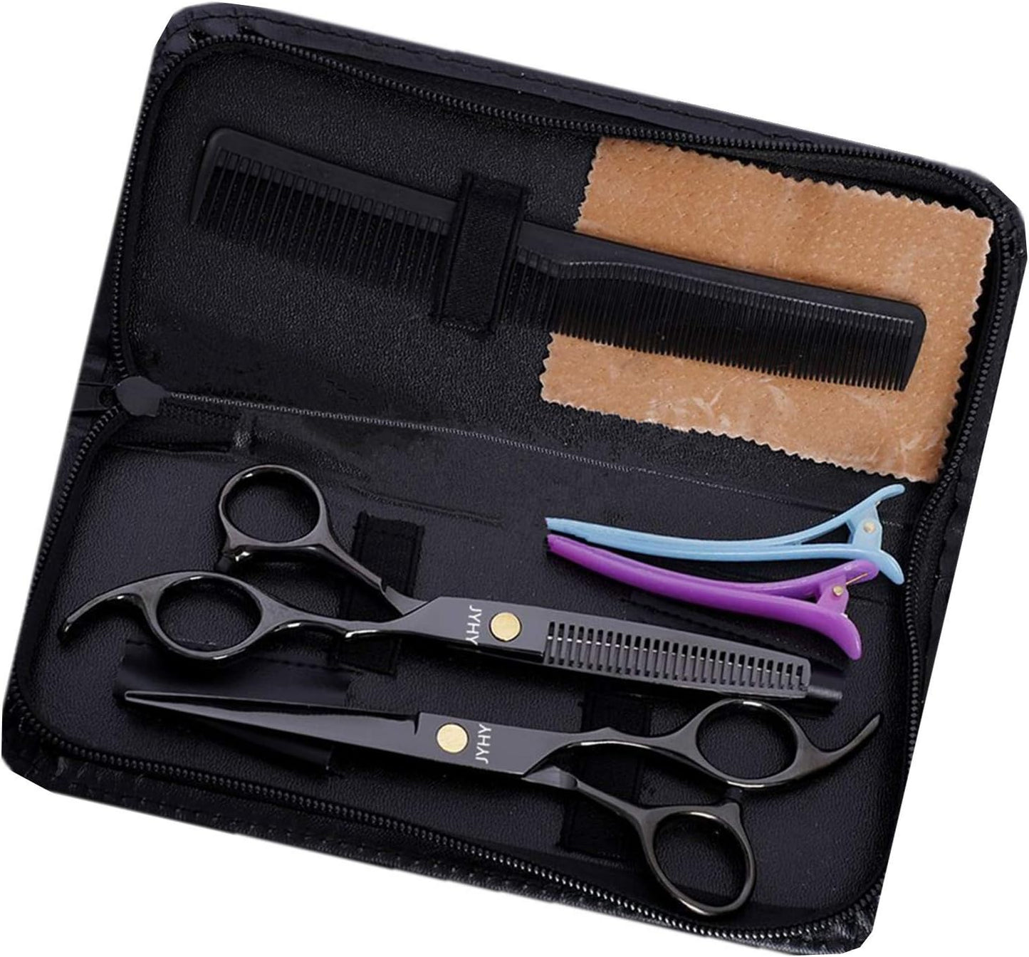 Professional Hair Cutting Scissors Shears Barber Thinning Set Kit- Family Hair Cutting,Barber Hair Cutting Tool Thinning texturizing (Black 6")