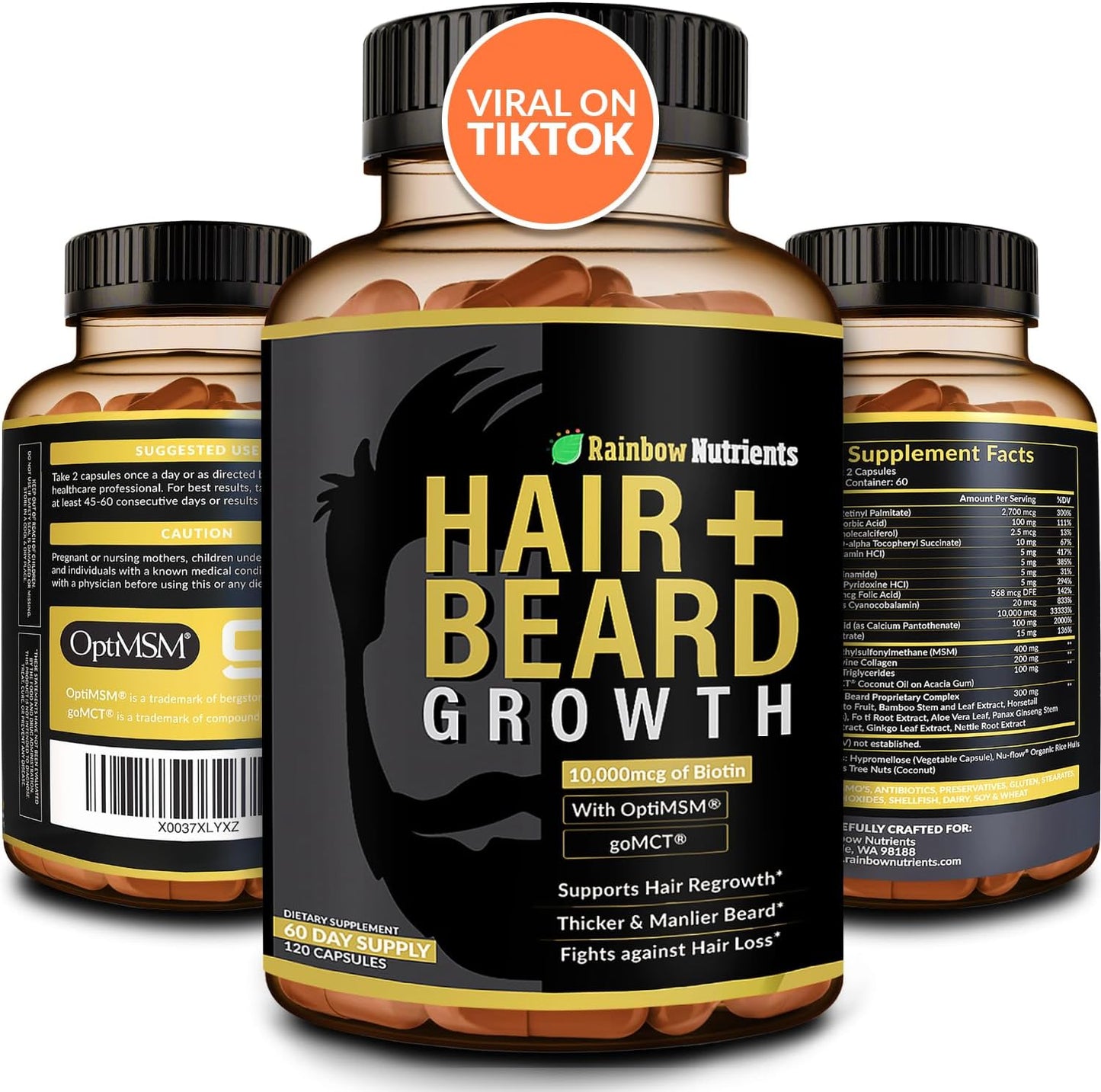 Hair + Beard Growth Vitamins for Men | Biotin 10,000mcg, Collagen, Patented OptiMSM®, goMCT®, Saw Palmetto | 60 Day Supply | Naturally Regrow Stronger, Thicker, Healthier Hair & Stops Hair Los
