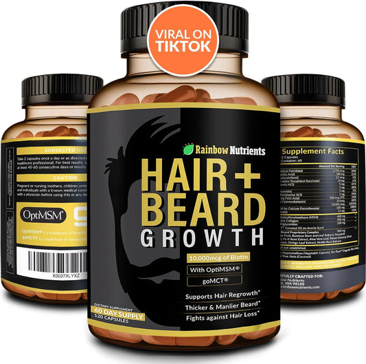 Hair + Beard Growth Vitamins for Men | Biotin 10,000mcg, Collagen, Patented OptiMSM®, goMCT®, Saw Palmetto | 60 Day Supply | Naturally Regrow Stronger, Thicker, Healthier Hair & Stops Hair Los