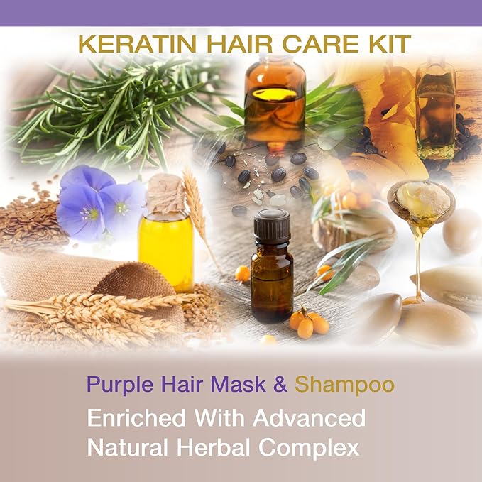VITAMINS hair cosmetics Keratin Purple Blue Hair Mask & Keratin Shampoo Kit - Conditioning Anti Brassiness Toner for Bleached Blonde Platinum Silver White Grey Dry Damaged Hair & Nourishing Shampoo