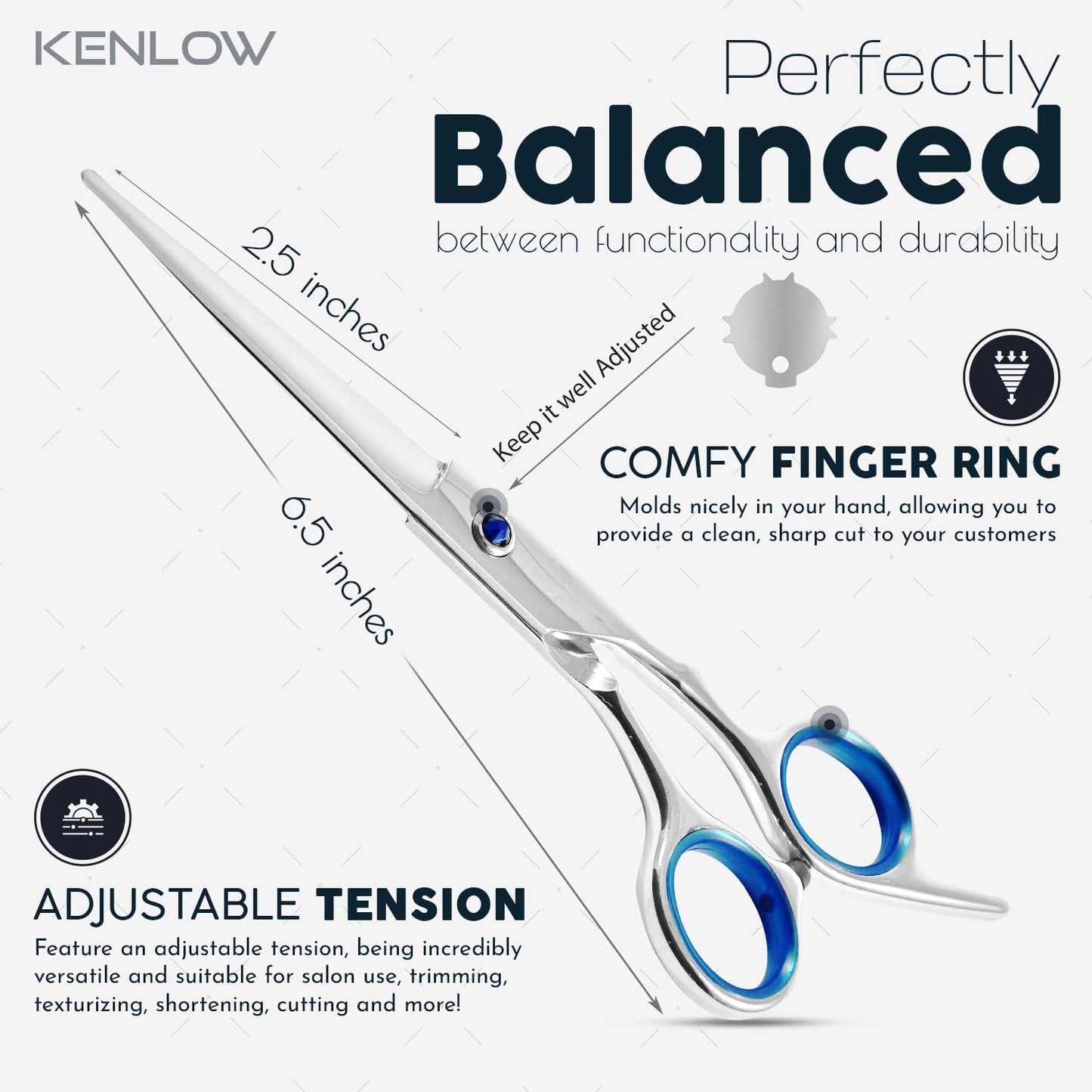 Hair Cutting Scissors, KENLOW Professional Hair Scissors With Comfortable Removable Finger Grips. Perfect As Hair Shears For Hair Cutting Or Barber Scissors. Haircut Scissors For Salon Or Home Use.